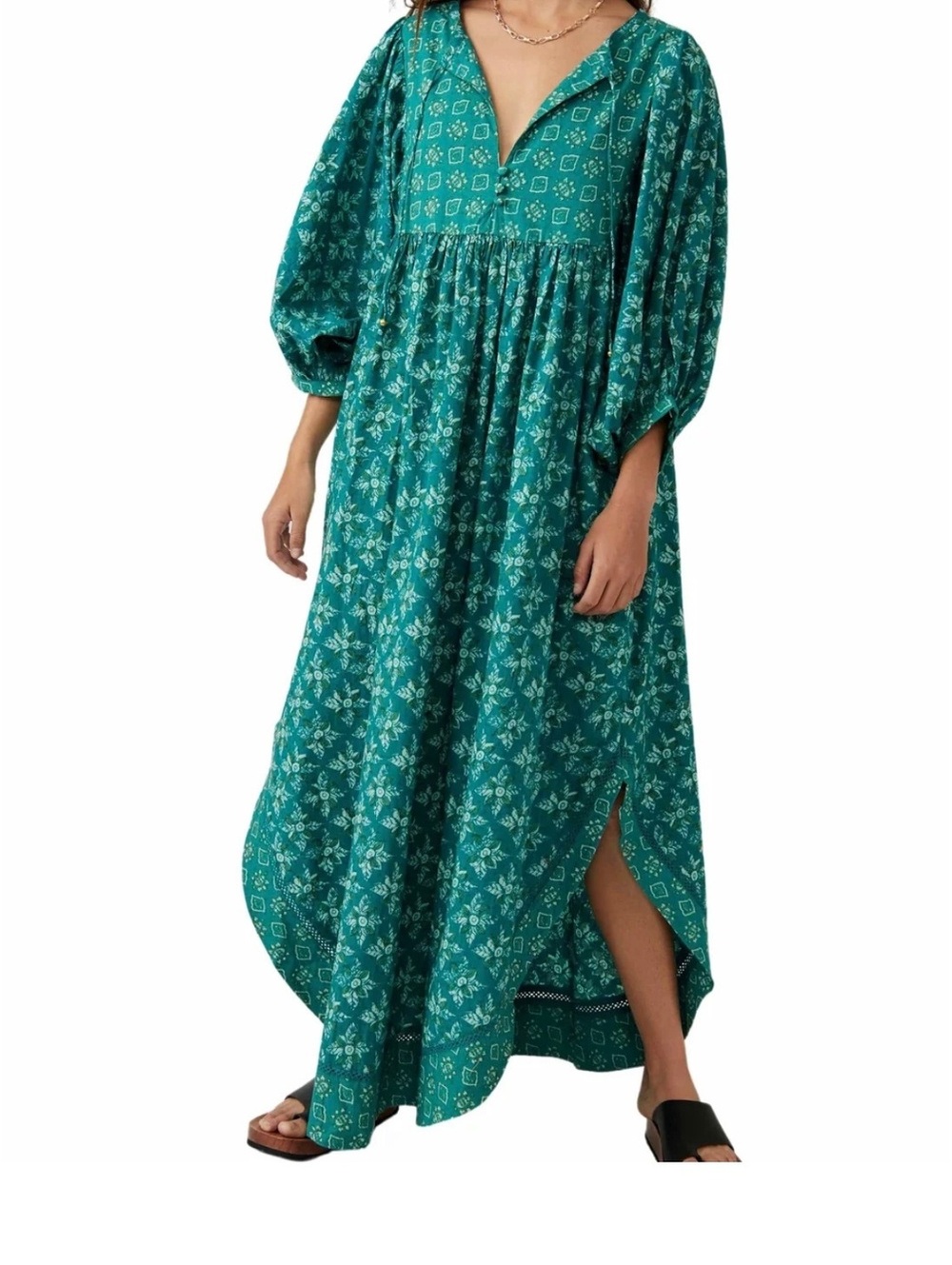 Free People Teal Mixed Floral Print Boho Maxi Dress Balloon Sleeve Size Large